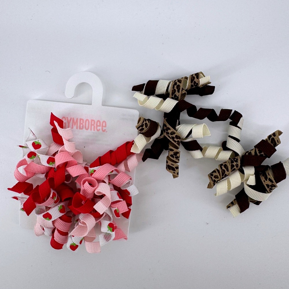 2 pr Gymboree Hair Clips Pink Brown‎ Strawberry Leopard Korker Ribbon 4pc Set